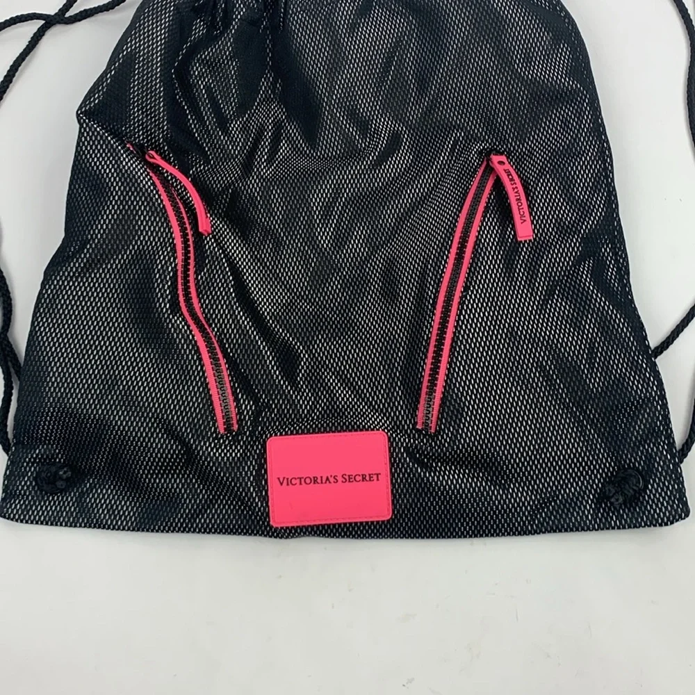 Victoria’s Secret Cinch Bag Black Bright Pink  Drawstrings 2 Zip Pockets